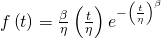 f\left ( t\right )=\frac{\beta }{\eta }\left ( \frac{t}{\eta } \right )e^{-\left ( \frac{t}{\eta } \right )^\beta }