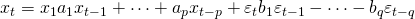 {x}_{t}={x}_{1}{a}_{1}{x}_{t-1}+\cdots+{a}_{p}{x}_{t-p}+{\varepsilon }_{t} {b}_{1}{\varepsilon }_{t-1}-\cdots-{b}_{q}{\varepsilon }_{t-q}